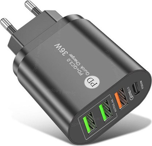 36W Pd20W+3Usba 4 Çıkışlı Ev Tipi Şarj Aleti Başlığı Siyah