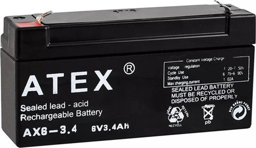6 Volt 3.4 Amper Yatık Akü Bakımsız Kuru Akü 125x35x61 Mm