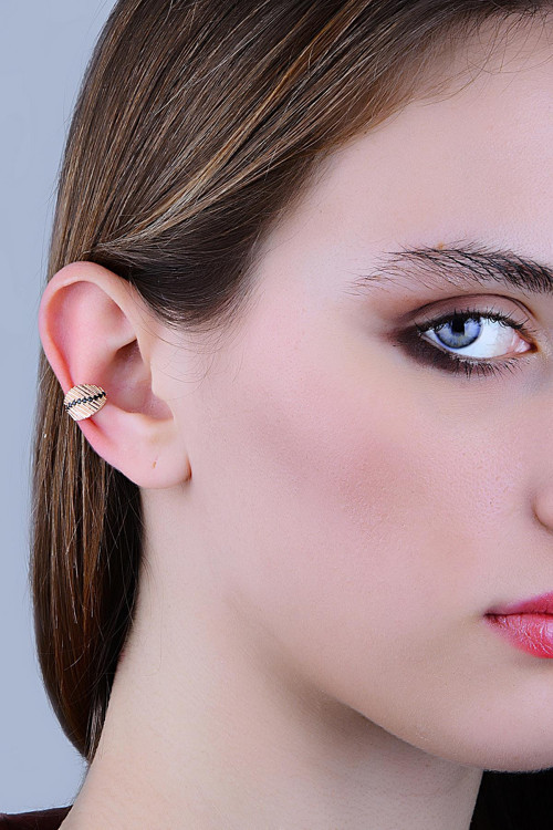 Gümüş rose siyah taşlı yaprak modeli sıkıştırmalı kıkırdak küpe ear cuff
