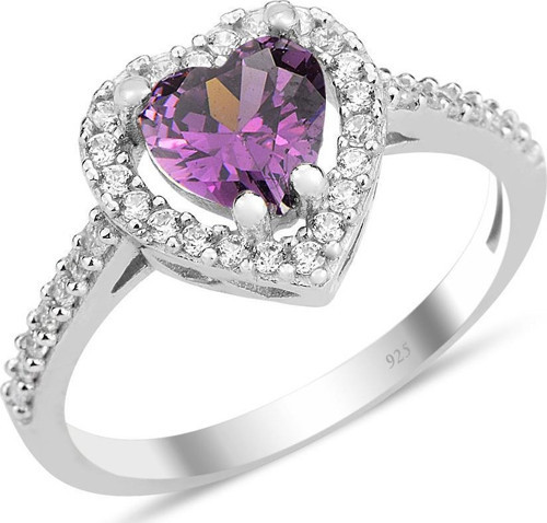 Gümüş rodyumlu ametis taşlı pırlanta montürlü Kalp modeli yüzük