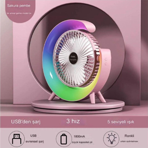 Masaüstü Vantilatör Usb Şarjlı Rgb Led Işıklı 3 Kademeli 180° Ayarlanabilir Soğutucu Fan
