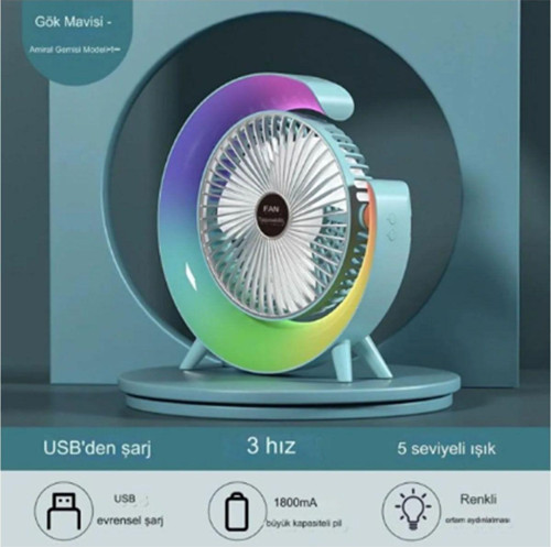 Masaüstü Vantilatör Usb Şarjlı Rgb Led Işıklı 3 Kademeli 180° Ayarlanabilir Soğutucu Fan