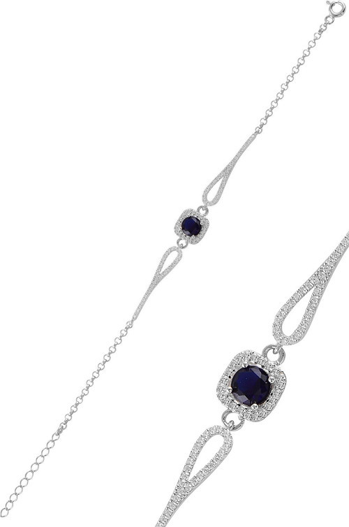Gümüş rodyumlu pırlanta modeli safir ve zirkon taşlı kare bileklik