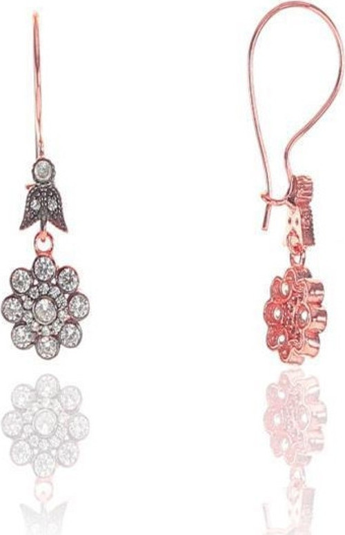 Gümüş rose zirkon taşlı elmas montürlü çiçek modeli küpe