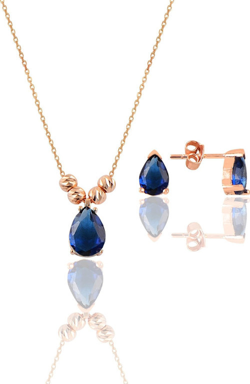Gümüş rose safir renkli dorica damla kolye ve çivi modeli küpe seti