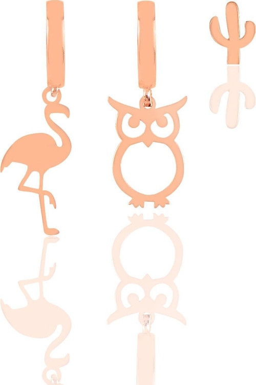 Gümüş rose flamingo baykuş ve kaktüs kombin üçlü küpe seti