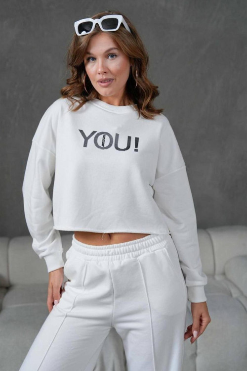 Enjeksiyon Baskı Detaylı Crop Üst Sweat Üç İplik Alt Üst Sweatshirt Takım 351
