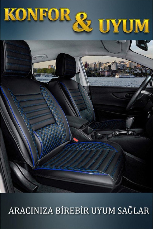 Alfa Romeo 164 Lüx Deri Oto Koltuk Kılıfı Ön Arka Takım Set Safir Serisi SİYAH MAVİ