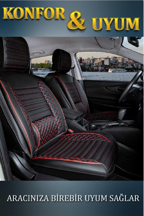 Renault Clio 4 Lüx Deri Oto Koltuk Kılıfı Ön Arka Takım Set Safir Serisi SİYAH KIRMIZI