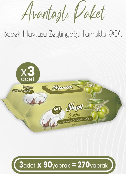 Doğal Zeytinyağlı Ve Pamuklu Islak Bebek Havlusu 90 Yaprak X 3 Adet (270 Yaprak)
