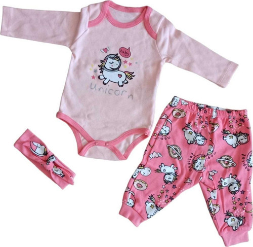 Unicorn Desenli Kız Bebek Bandanalı 3 Parça Somon Renk Takım 256913