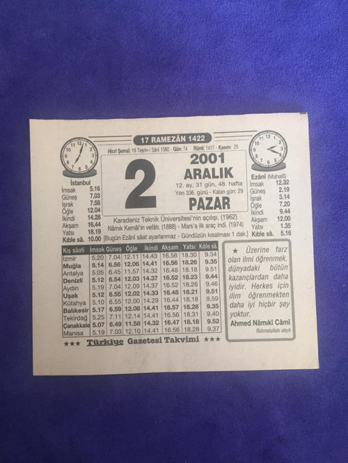 2 Aralık 2001 Takvim Yaprağı - Nostalji Koleksiyonluk Takvim Yaprağı C