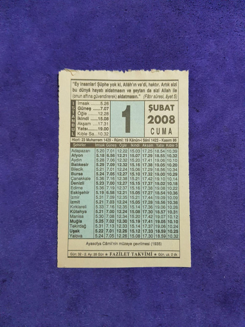 1 Şubat 2008 Takvim Yaprağı - Nostaljik Koleksiyonluk Takvim Yaprağı