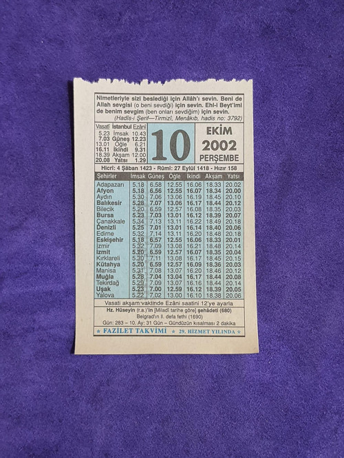 10 Ekim 2002 Takvim Yaprağı - Nostalji Koleksiyonluk Takvim Yaprağı