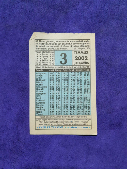 3 Temmuz 2002 Takvim Yaprağı - Nostalji Koleksiyonluk Takvim Yaprağı