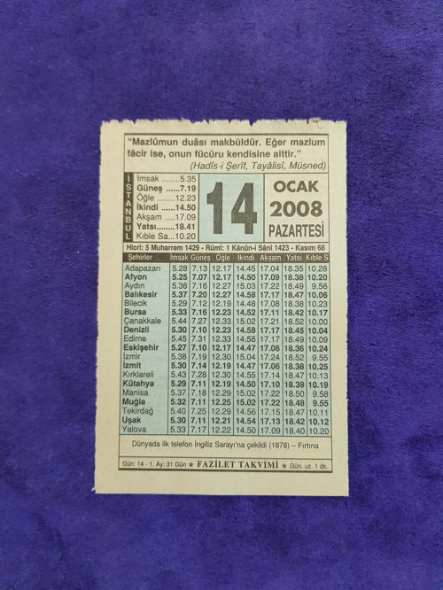 14 Ocak 2008 Takvim Yaprağı - Nostaljik Koleksiyonluk Takvim Yaprağı