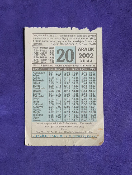 20 Aralık 2002 Takvim Yaprağı - Nostalji Koleksiyonluk Takvim Yaprağı