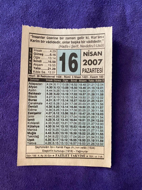 16 Nisan 2007 Takvim Yaprağı - Nostalji Koleksiyonluk Takvim Yaprağı