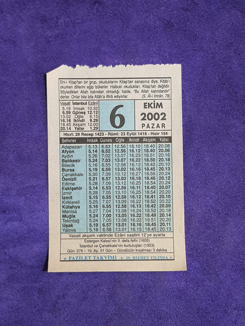 6 Ekim 2002 Takvim Yaprağı - Nostalji Koleksiyonluk Takvim Yaprağı