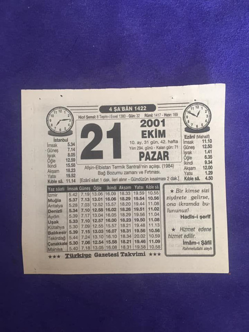 21 Ekim 2001 Takvim Yaprağı - Nostalji Koleksiyonluk Takvim Yaprağı B