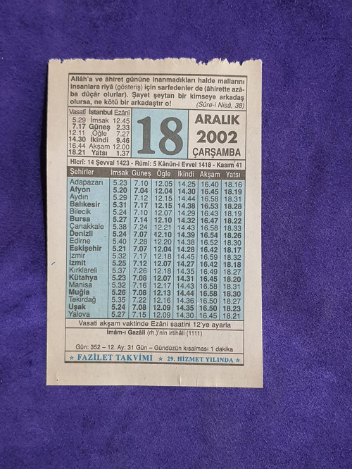 18 Aralık 2002 Takvim Yaprağı - Nostalji Koleksiyonluk Takvim Yaprağı