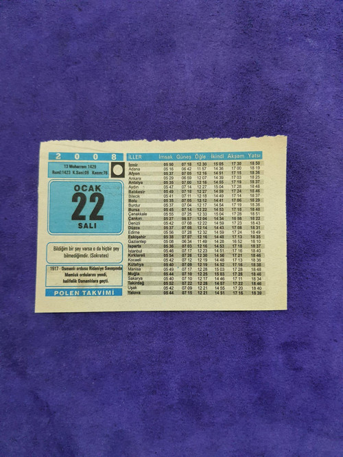 22 Ocak 2008 Takvim Yaprağı - Nostaljik Koleksiyonluk Takvim Yaprağı A