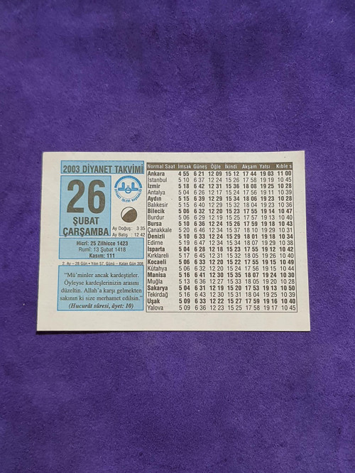 26 Şubat 2003 Takvim Yaprağı - Nostaljik Koleksiyonluk Takvim Yaprağı A