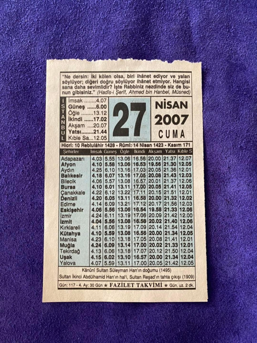 27 Nisan 2007 Takvim Yaprağı - Nostalji Koleksiyonluk Takvim Yaprağı