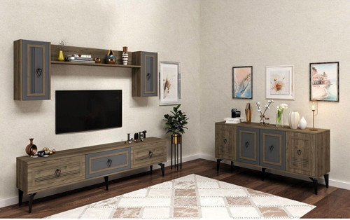 Assya 180 Cm Tv Ünitesi Ve Konsol 2'Li Salon Takımı Ceviz-Antrasit-Ceviz