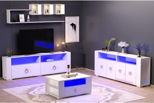 Kleinn Led Aydınlatmalı ,Spot Işıklı Tv Ünitesi, Orta Sehpa Ve Konsol Salon Takımı Beyaz-Altın