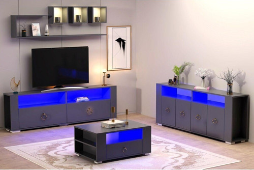 Kleinn Led Aydınlatmalı ,Spot Işıklı Tv Ünitesi, Orta Sehpa Ve Konsol Salon Takımı Antrasit-Altın