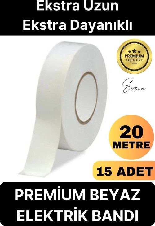 15 Ad. Premium Kalite 20 Mt Kablo Yalıtım PVC Elektrik Bandı Dayanıklı Sızdırmaz Koruma Bant Beyaz