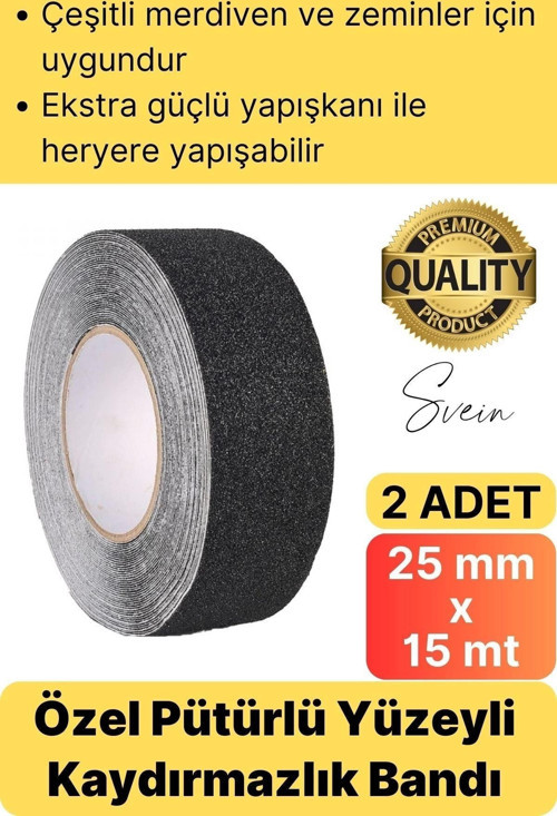 Premium 2 Adet 25mm x 15mt Siyah Kaydırmaz Bant Yapışkanlı Merdiven Basamak Zemin Güçlü Tutunabilen