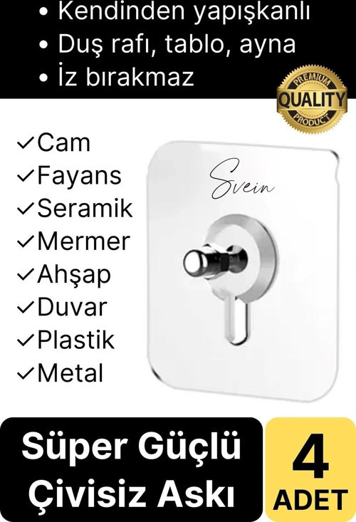 4 Adet Süper Güçlü Kendinden Yapışkanlı Tutunabilen Çok Amaçlı Çerçeve Tablo Banyo Duş Mutfak Askı