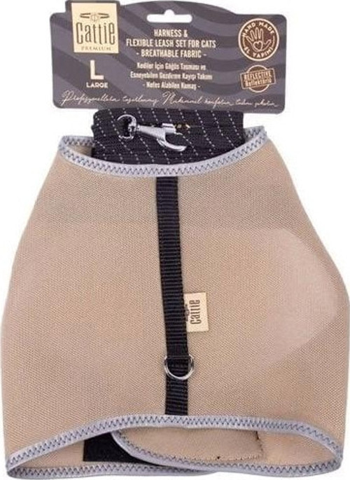 Havalı Dokuma Kedi Göğüs ve Gezdirme Takımı Large Bej 1.5x30-40 Cm