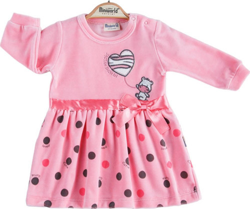 MiniWorld Kız Bebek Kurdele Detaylı Pembe Kadife Elbise 16428