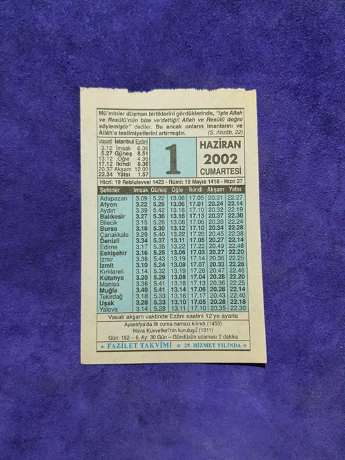 1 Haziran 2002 Takvim Yaprağı - Nostalji Koleksiyonluk Takvim Yaprağı