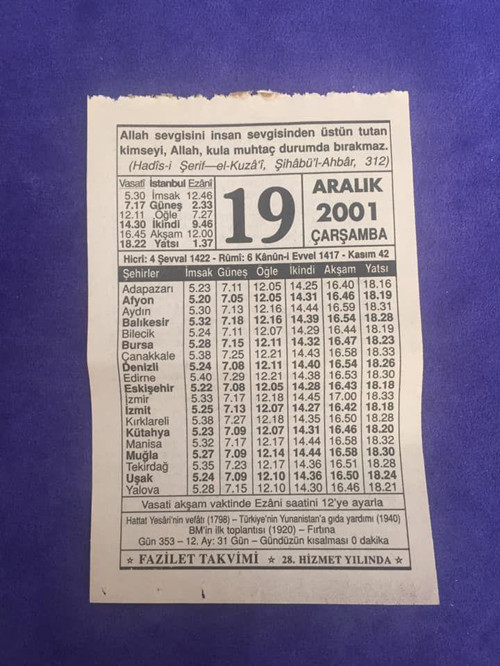 19 Aralık 2001 Takvim Yaprağı - Nostalji Koleksiyonluk Takvim Yaprağı
