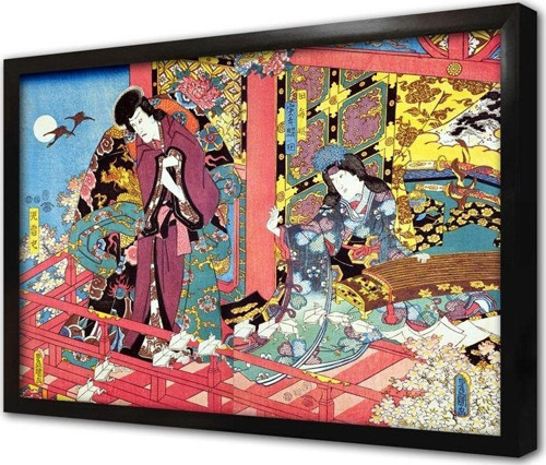 Renkli Geleneksel Japon Sanatı Çerçeveli Cam Tablo