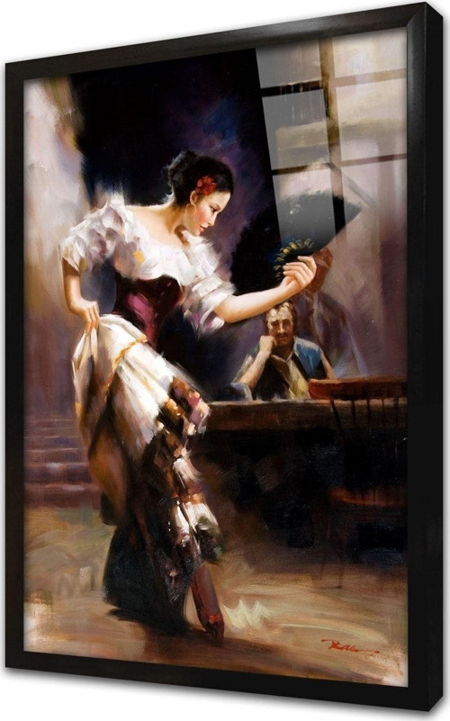 Yelpazeli Ispanyol Dansçı Kadın Çerçeveli Cam Tablo 30x40 cm