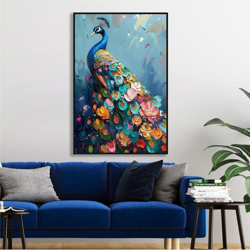 Yağlı Boya Dokulu Tablo Modern Renkli Tavus Kuşu Siyah Çerçeveli U04033