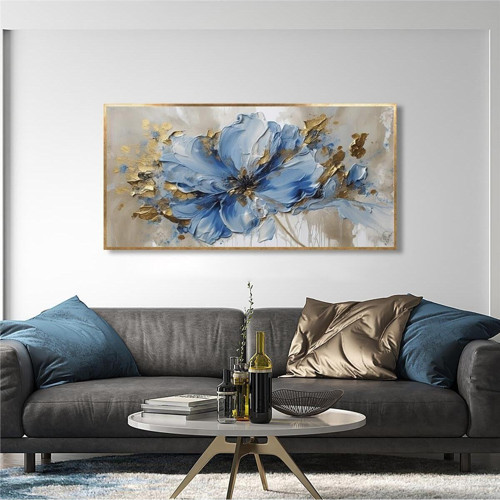 Yağlı Boya Dokulu Tablo Modern Mavi Tek Çiçek Altın Çerçeveli U02030