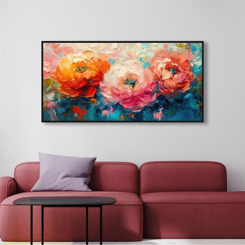 Yağlı Boya Dokulu Tablo Renkli Modern Yatay Çiçekler Siyah Çerçeveli U02043