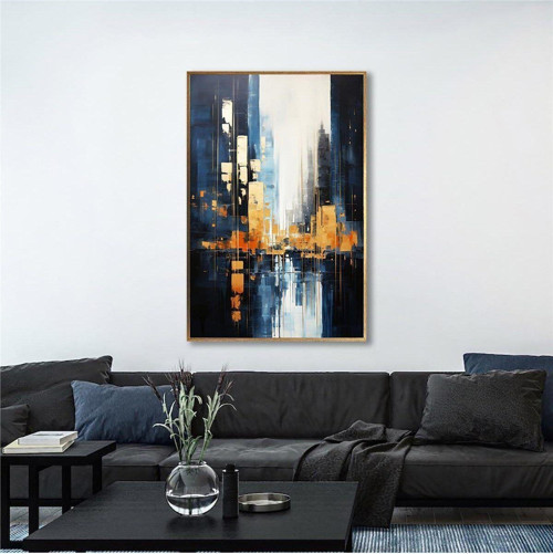 Yağlı Boya Dokulu Tablo Soyut Şehir Manzarası Manhattan Altın Çerçeveli U09003