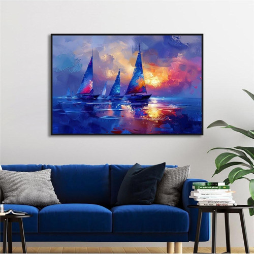 Yağlı Boya Dokulu Tablo Modern Denizde Yelkenliler Siyah Çerçeveli U06015