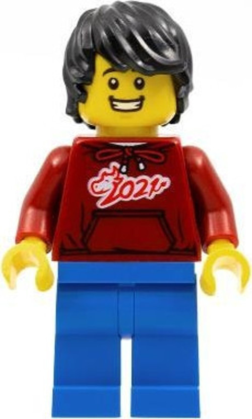 Minifigür Man Dark Red '2021' Shirt Blue Legs Black Hair +5 Yaş (1 Parça)
