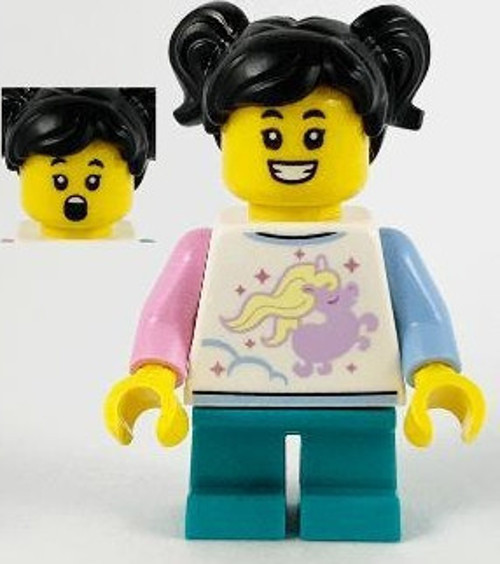 Minifigür Child Girl Unicorn Shirt Dark Turquoise Short Legs Black Hair +5 Yaş (1 Parça)