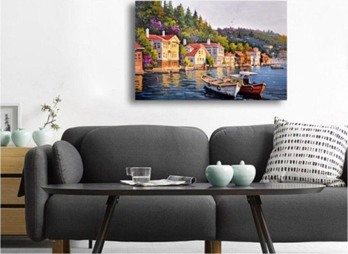 Yağlı Boya Istanbul Kıyıda Tekneler Kanvas Tablo 50x70 cm B-16-343 50x70 cm