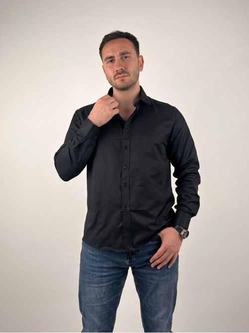 Erkek Slim Fit Kesim Düğmeli Yaka Uzun Kollu Gabardin Gömlek Siyah M