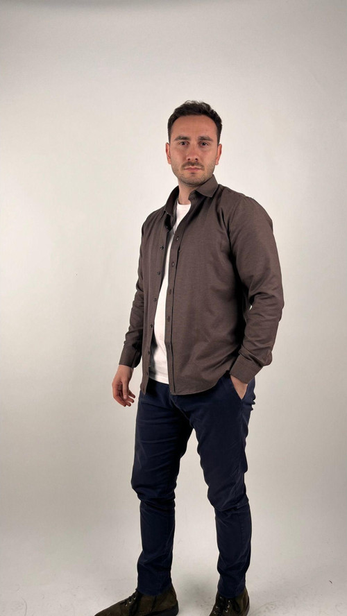 Erkek Slim Fit Uzun Kollu Düğmeli Yaka Oxford Gömlek Kahverengi XL